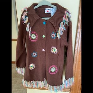 Young Hearts Girl 4T Cardigan Sweater Multicolor Tassels at Collar, Cuffs & Hem